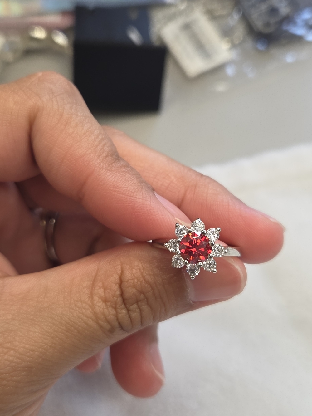 Silver Plated Red Floral Halo Ring